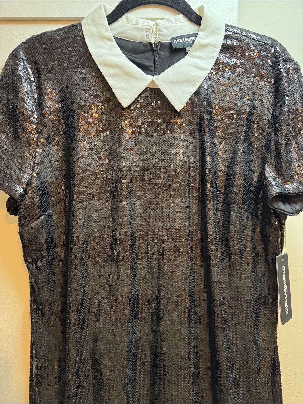 Karl Lagerfeld Black Sequin Mini Dress with White Collar - Picture 2 of 7